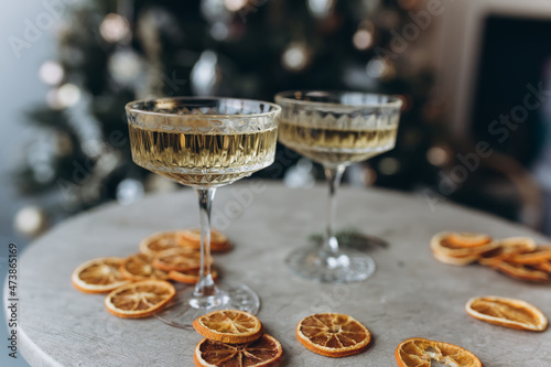 Glasses of wine with romantic christmas decoration. Holiday, new year concept