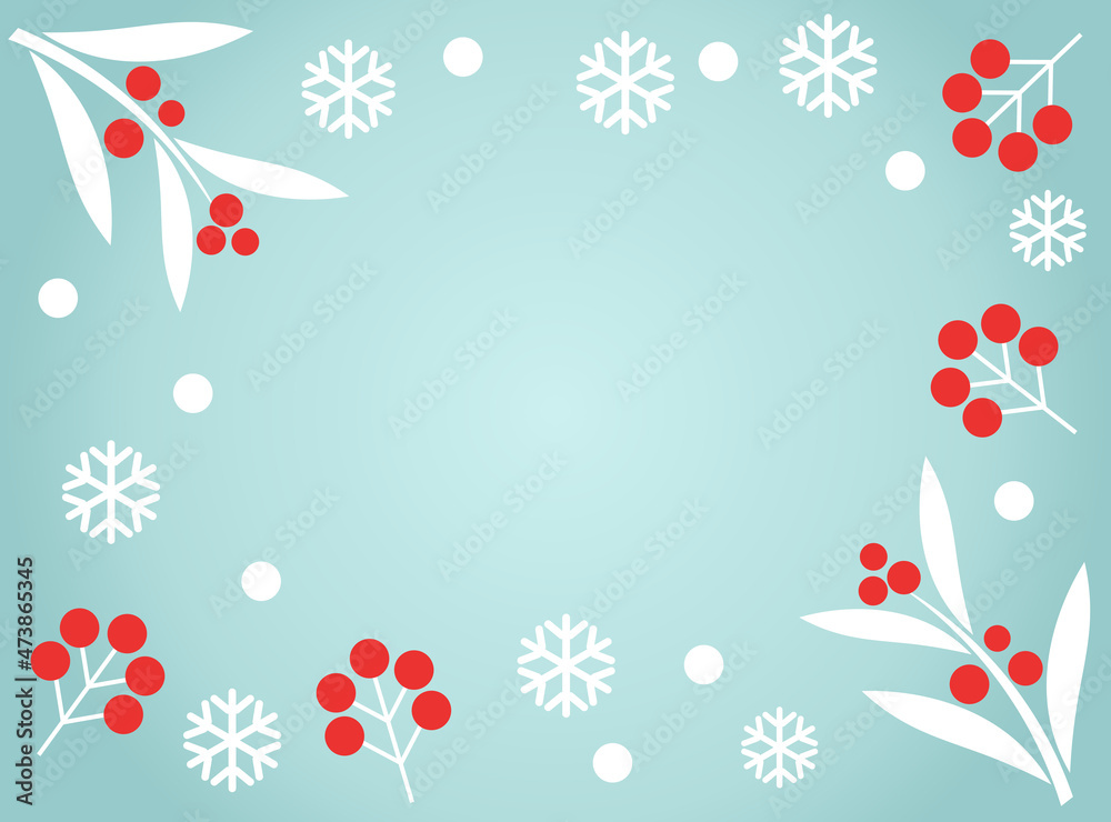 Christmas white leaves and red berries winter border on blue background.