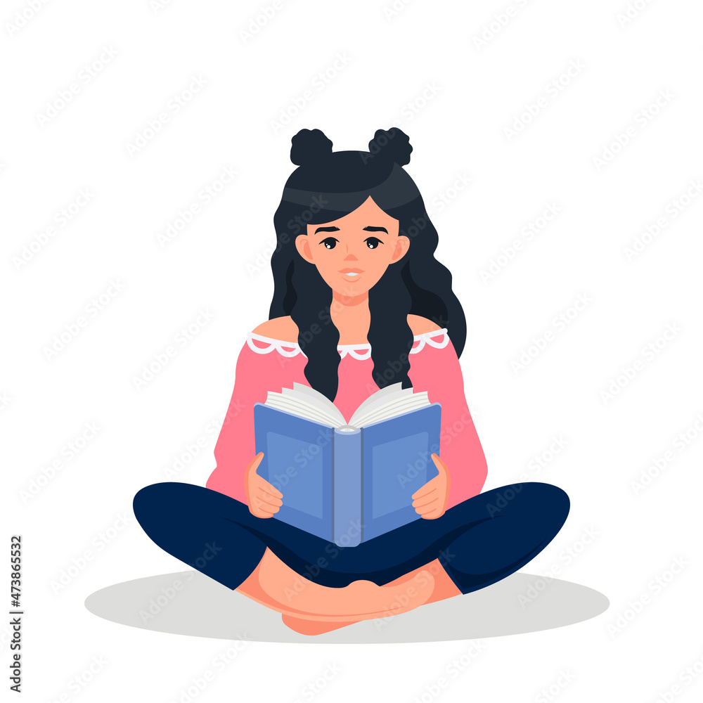 The girl is sitting in the lotus position and reading a book. Education, reading, self-development. Vector illustration in cartoon style isolated on a white background The girl is sitting in the lotus position and reading a book. Education, reading, self-development. Vector illustration in cartoon style isolated on a white background