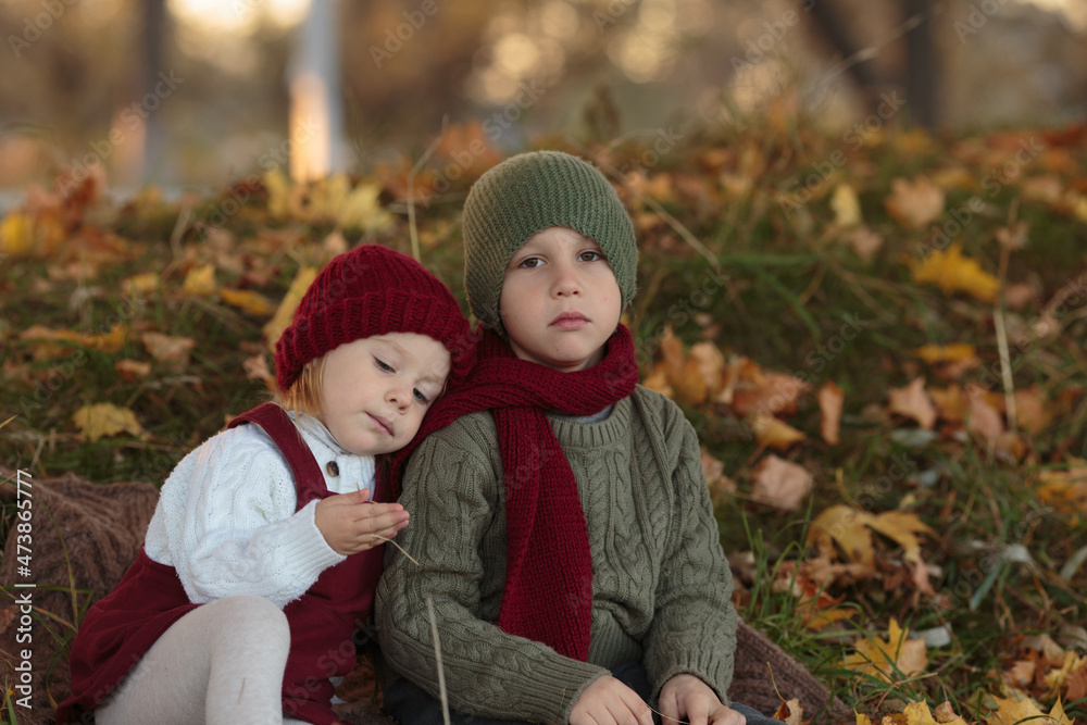 the girl is holding and examining an autumn leaf in her hand, and a sad boy is sitting next to her, dressed in a green sweater and a green jacket
the girl is holding and examining an autumn leaf in her hand, and a sad boy is sitting next to her, dressed in a green sweater and a green jacket