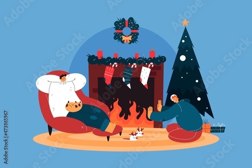hand drawn christmas fireplace scene vector design illustration