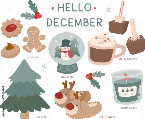 A vector set of hello Christmas icons: cookies, snow globe, snowman, hot chocolate, chocolate stick, peppermint, marshmallow, aroma candle, cozy slippers, pine tree, holly berries, reindeer, rudolf.