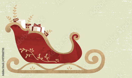 A holiday sleigh full of gifts, in a cut paper style with textures
