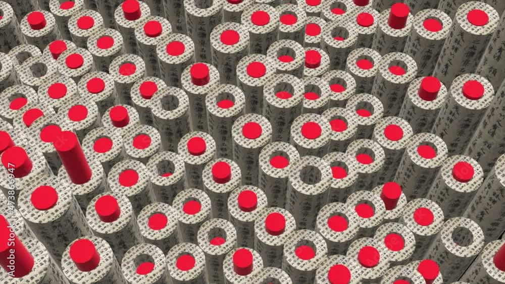 Movable surface with numerous repeating cylinders of grey color with ...