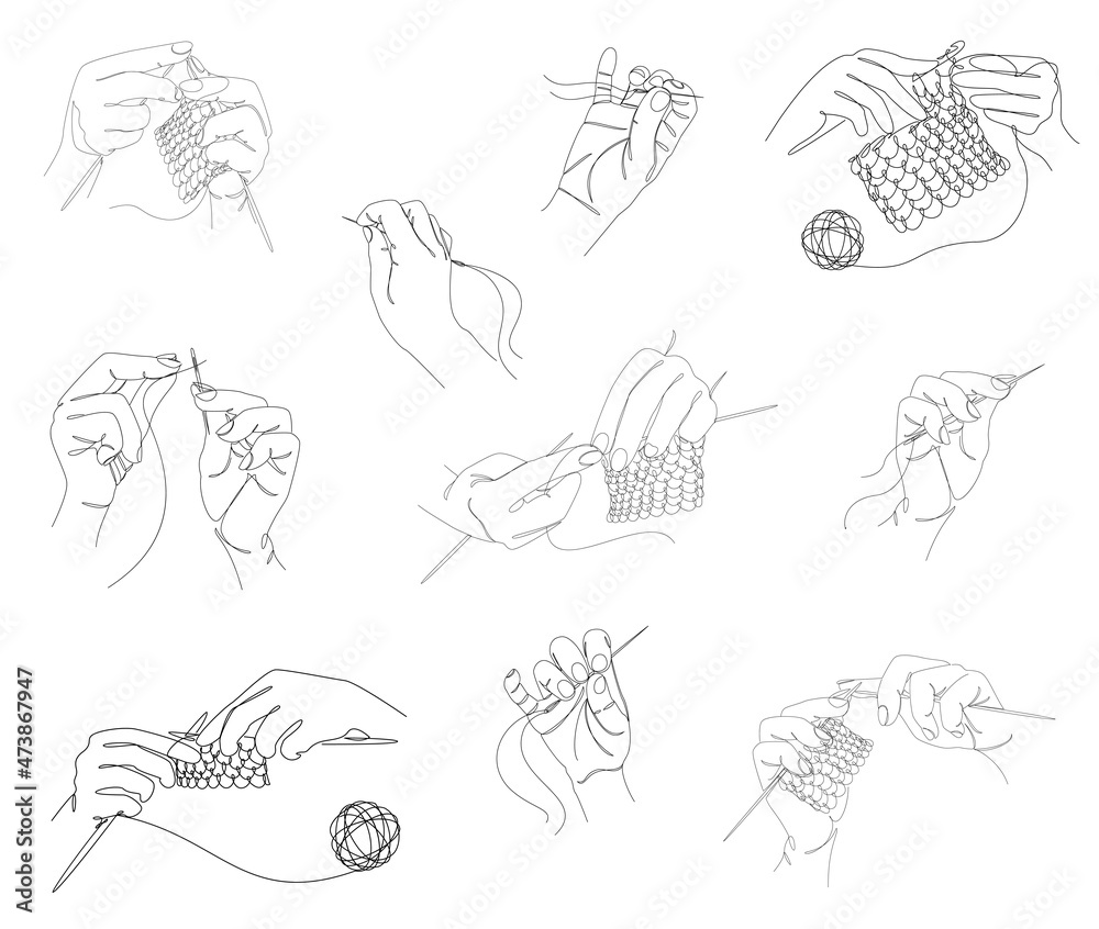 Collection. Knitting with threads, sewing with a needle. Hands of man, woman in modern trendy style with one line. Solid line, outline for decor, posters, stickers, logo. Vector illustration set.