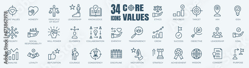 Simple Set of Core Values, Goals and Target Related Vector Line Icons. Contains thin Icons as Achievement, Aim, Motivation and more. Editable Stroke. 48x48 Pixel Perfect