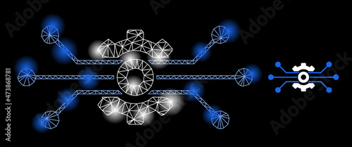 Bright mesh solution cog web icon with illuminated light spots. Illuminated constellation is generated using solution cog vector icon. Bright carcass web polygonal solution cog, on a black background.