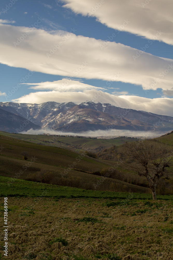 panorama of the majella mountain with snowy peak, italy