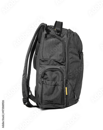 Black backpack isolated on a white background.