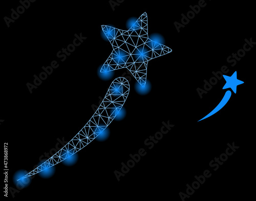 Glowing net startup star web icon with glowing spots. Illuminated constellation is done from startup star vector icon. Glowing carcass web polygonal startup star, on a black background.