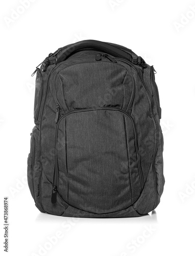 Black backpack isolated on a white background.