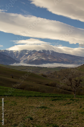 panorama of the majella mountain with snowy peak  italy