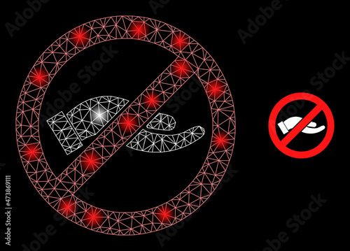 Shiny mesh stop asking hand web icon with glossy spots. Illuminated model is done from stop asking hand vector icon. Glossy carcass web polygonal stop asking hand, on a black background.