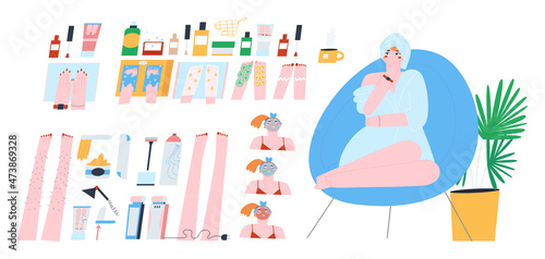 The girl is sitting in a chair in a bathrobe and with a towel on her hair. Body treatments. Hair removal, manicure and pedicure. Flat vector illustration