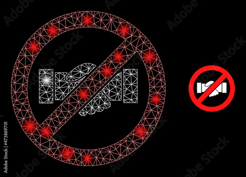 Glare network stop handshake web icon with bright spots. Illuminated model is generated from stop handshake vector icon. Bright carcass web polygonal stop handshake, on a black background.
