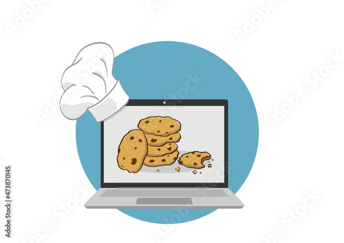 illustration vectorielle amusante de la politique d'utilisation des cookies sur les sites internet. un ordinateur portable affiche des biscuits et une toque de pâtissier est posée sur l'écran.