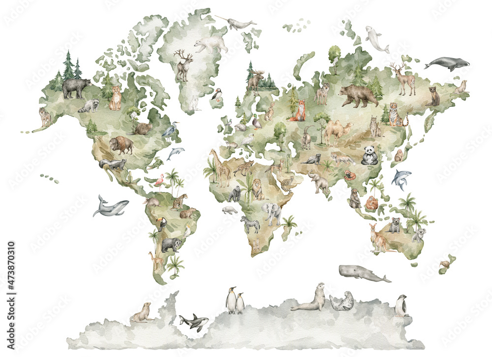 Watercolor world map with animals and natural elements. Geographical map. Hand-painted earth isolated on white. Nursery print - obrazy, fototapety, plakaty 