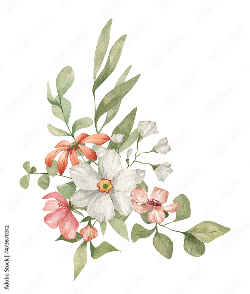 Naklejka premium Watercolor bouquet with white narcissus flowers, leaves, branches and twigs isolated on white. Aesthetic spring-summer composition, floral arrangements, delicate meadow wildflowers