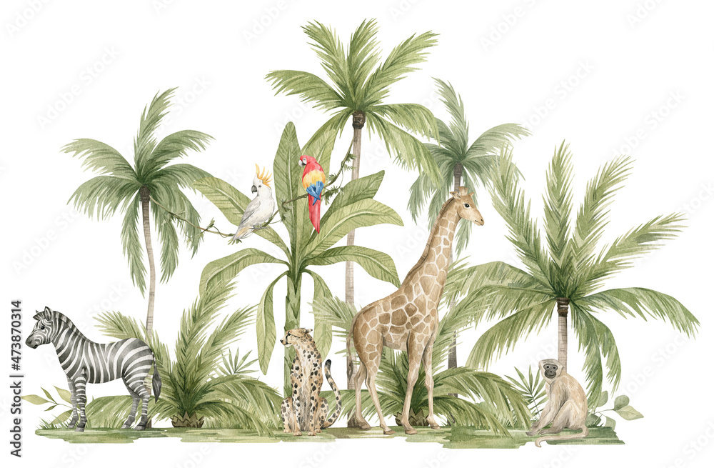 Watercolor safari animals and tropical palms. Jungle compositions. Giraffe, zebra, cheetah, monkey, parrot. Bright summer exotic jungle.  - obrazy, fototapety, plakaty 