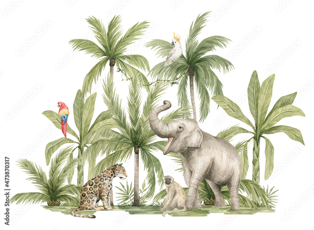 Watercolor safari animals and tropical palms. Jungle compositions. Elephant, jaguar, monkey, parrots. Bright summer exotic jungle.  - obrazy, fototapety, plakaty 