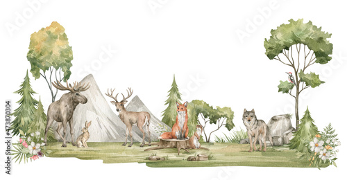 Watercolor composition with forest animals and nature. Deer, fox, wolf, moose, hare, green trees, pine, fir, flowers and mountains. Woodland creatures in the wild. Illustration for nursery, wallpaper photo
