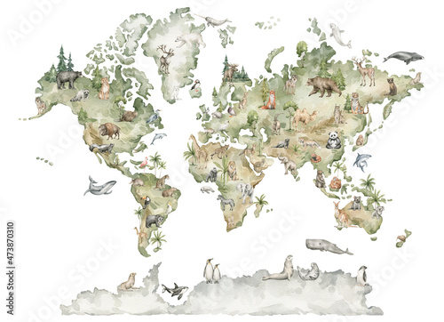 Leinwand Poster Watercolor world map with animals and natural elements