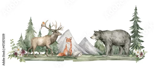 Panel kuchenny z motywem Watercolor composition with forest animals and nature. Deer, fox, wolf, black bear, green trees, pine, fir, flowers and mountains. Woodland creatures in the wild. Illustration for nursery, wallpaper
