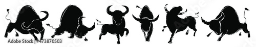 Bulls set. Buffalo silhouettes of standing in different poses. Taurus horoscope. Ox vector illustration design with creative ink imitation. Bull logo and sign design isolated on white background.