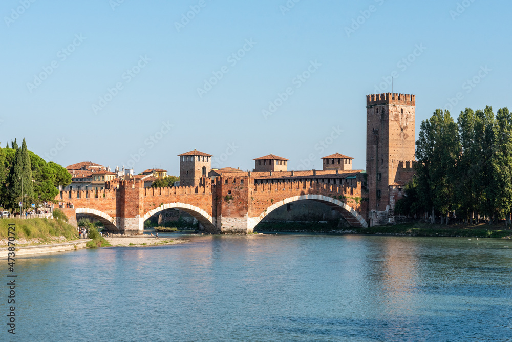 The iconic medieval Ponte Scaligero in Verona crossing the Adige river
