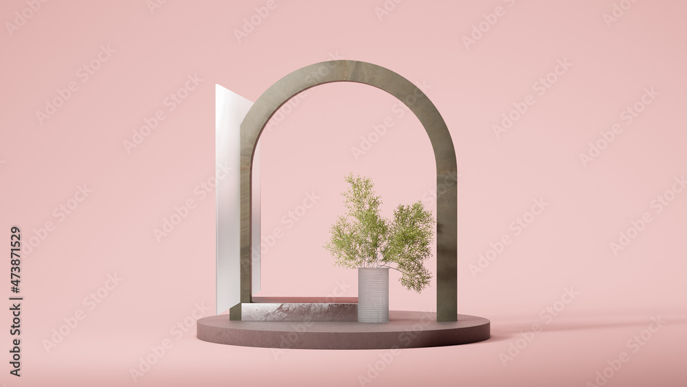 Metallic arc with round podium display, plant and glass on pale pink background. Natural showcase. Minimal design. 3d rendering. Metallic arc with round podium display, plant and glass on pale pink background. Natural showcase. Minimal design. 3d rendering.
