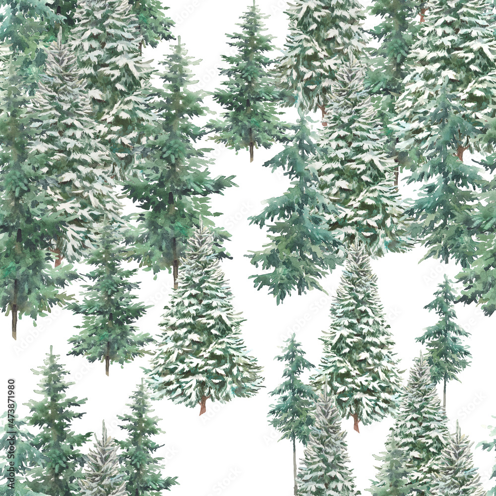 Watercolor winter woodland repeating texture. Seamless wallpaper design with frost forest trees. Evergreen trees, fir natural background. Holiday pattern