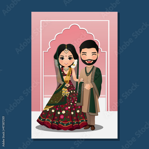Foto Wedding invitation card the bride and groom cute couple in traditional indian dress cartoon character