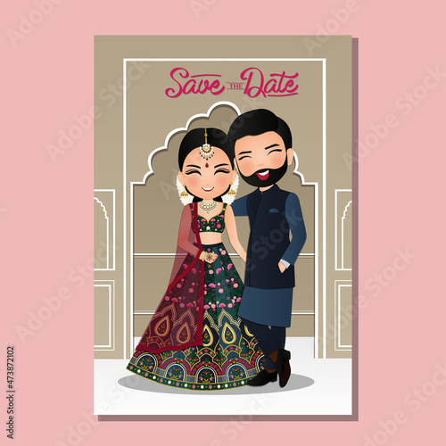 Foto Wedding invitation card the bride and groom cute couple in traditional indian dress cartoon character