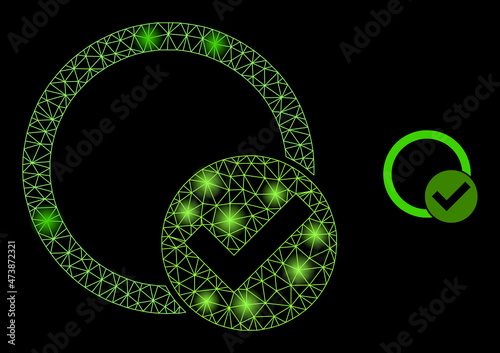 Constellation mesh validation circle web icon with illuminated light spots. Illuminated constellation is done using validation circle vector icon. Glowing carcass web polygonal validation circle,