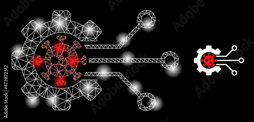Bright net virus engineering web icon with glossy spots. Illuminated model is done using virus engineering vector icon. Glossy carcass web polygonal virus engineering, on a black background.