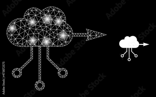 Glowing net VPN cloud web icon with illuminated light spots. Illuminated constellation is generated from VPN cloud vector icon. Glowing carcass web polygonal VPN cloud, on a black background.