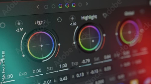 Close-up of color grading. Postproduction of video or photo. Professional photo and video editing software. Ring of light. DaVinci Resolve