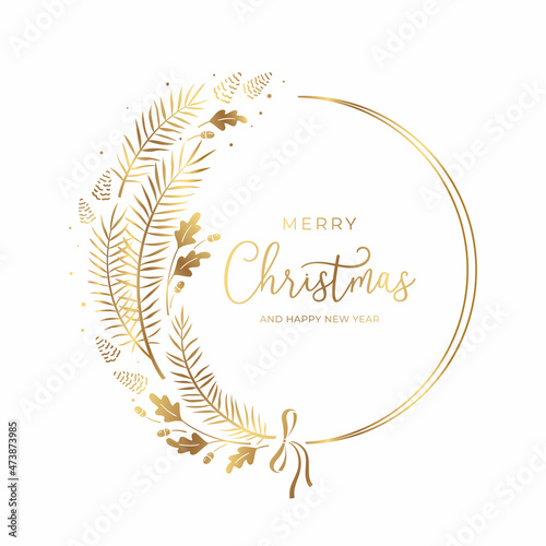 Christmas gold wreath with pine branches and cones. Modern design for your greeting cards. Vector illustration in holiday style.
