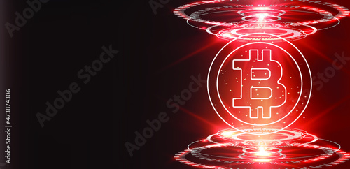 Digital currency or cryptocurrency mining farm. Creation of bitcoins. Bitcoin conceptual background with blue glowing electric lights in style hud.