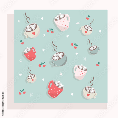 Cute pattern with cups of coffee and tea on a blue background. Beverages. Retro wallpaper. Cover. Food. Cherries, hearts, stars. Stock Vector Illustration.