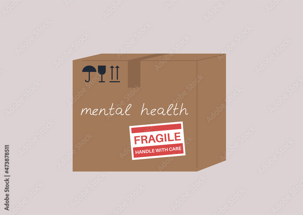 A fragile mental health concept, a cardboard box with a sticker on it A fragile mental health concept, a cardboard box with a sticker on it