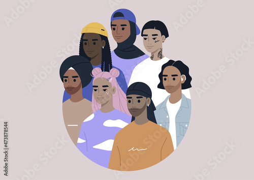 A diverse group of modern millennial characters wearing stylish clothes and accessories drawn in a circle