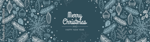 Winter banner. With hand drawn cones,xmas tree. Christmas vector illustration.