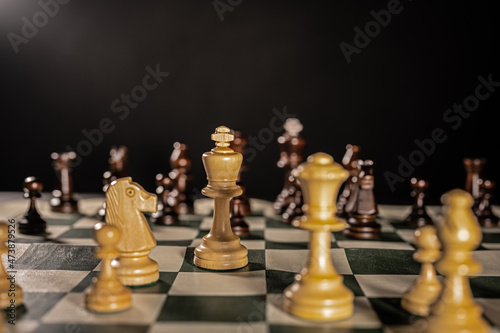 Playing chess on a foldable board. Close ups of some important pieces. 