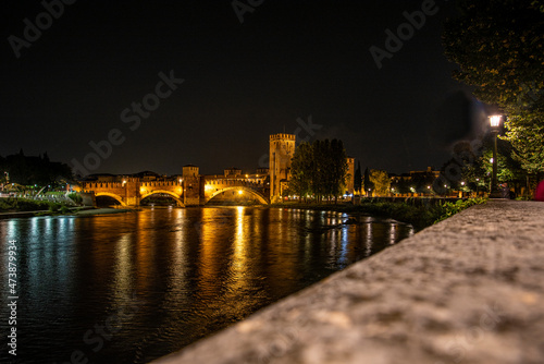 Castlevecchio Bridge over the Adige River in Verona at Night photo