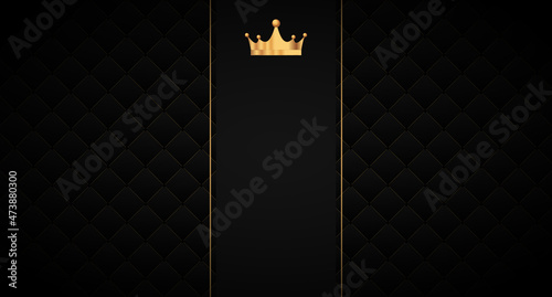 Black seamless pattern in retro style with a gold crown. Can be used for premium royal party. Luxury template with vintage leather texture. Background for king and little prince. Invitation card photo