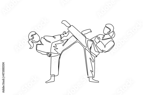 Single continuous line drawing two female karate fighters ready to fight. Professional karate sport fighters standing fighting practicing karate together. One line draw design vector illustration