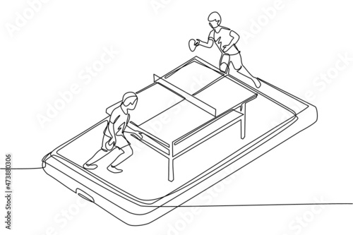Single continuous line drawing table tennis court with two players on smartphone screen. Professional sports competition: table tennis players during match, mobile app. One line draw design vector
