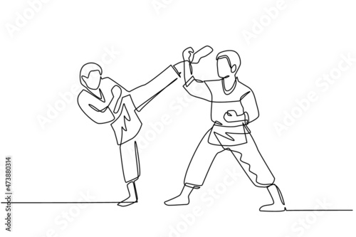 Continuous one line drawing two karate men fighters ready to fight. Professional karate sport fighters standing fighting practicing karate together. Single line draw design vector graphic illustration