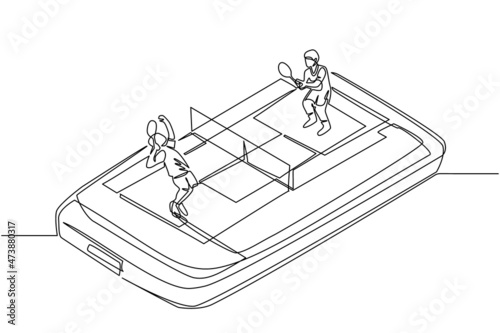 Single one line drawing tennis court with two players on smartphone screen. Professional sports competition: tennis players during match, mobile app. Modern continuous line draw design graphic vector